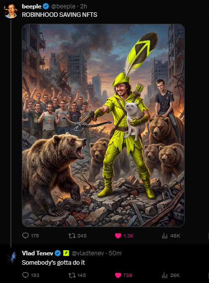 A Twitter post by @beeple titled 'ROBINHOOD SAVING NFTS' featuring an illustration of Robin Hood with a dog and bears, followed by a reply from Vlad Tenev saying 'Somebody's gotta do it'.
