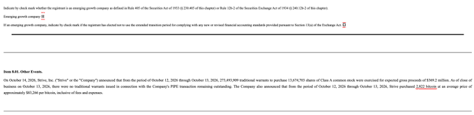A Securities and Exchange Commission filing from Strive (formerly known as The Vault Company) showing bitcoin purchases of 4,099.097 BTC in October 2020 and 2,822.269 BTC in early November 2020, with the recent 2,822 BTC acquisition matching the tweet's reported buy.