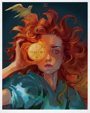 A tarot card labeled 'X' depicting a red-haired woman holding a gold coin with a heart symbol over one eye.