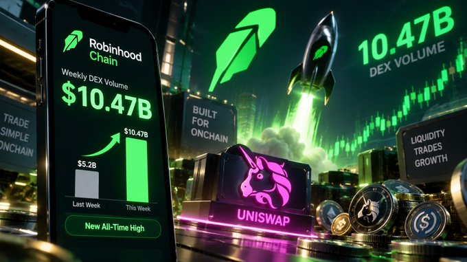 A promotional graphic for Robinhood Chain displaying a Weekly DEX Volume of $10.47B, highlighting a new all-time high and growth from $5.2B last week, featuring a rocket, rising bar chart, and the Uniswap logo.