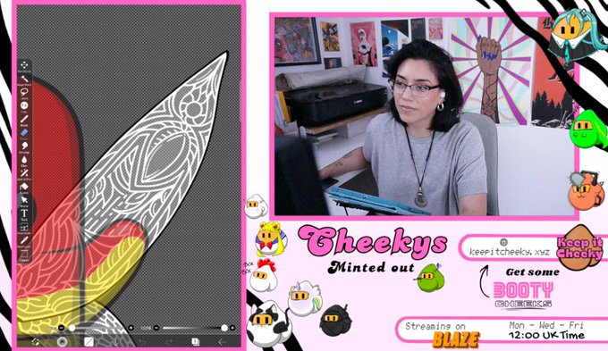 A livestream screenshot showing an artist called 'Cheeky' drawing a tattoo-style design in digital art software, with overlay text 'Cheekys Minted out', 'keep it cheeky', 'Get some BOOTY', and streaming on BLAZE Mon-Wed-Fri 12:00 UK Time.
