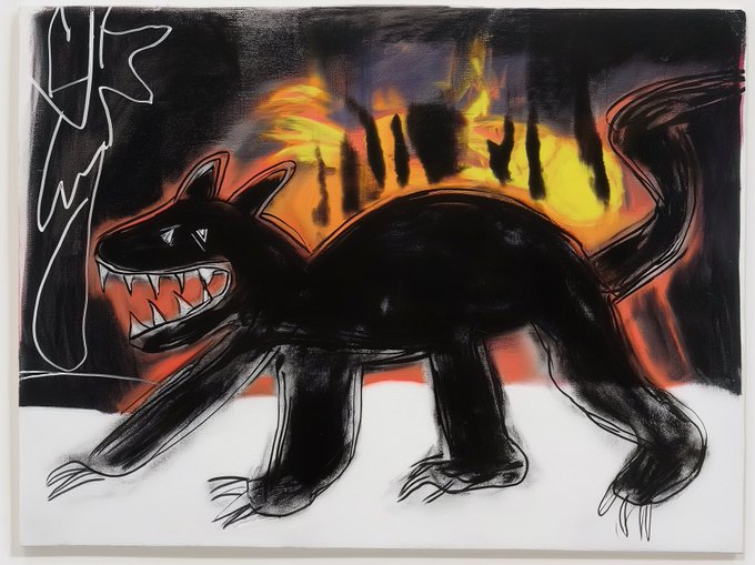 A stylized painting depicts a menacing black wolf-like creature with bared sharp teeth standing against a fiery orange and black background with abstract flame shapes.