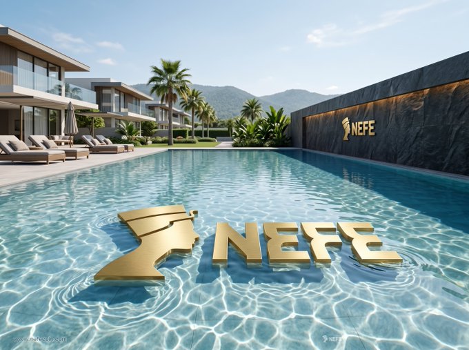 A luxurious poolside scene with a modern villa, palm trees, and a golden 'NEFE' logo and text displayed both in the water and on a marble wall.