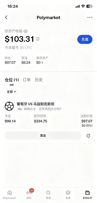 The image shows a phone screen displaying a screenshot of an app called Polymarket. The app has a blue button with white text that reads "Polymarket" and "1031.31", indicating its name or price. There are also other texts on the screen, such as "I'M Luo Biyi", which is likely a description of the app's creator, and "@Gate @Scottz_Gate @Gate_luqingxiao @JoeyJia11". The phone screen also shows a small red circle with a white border.