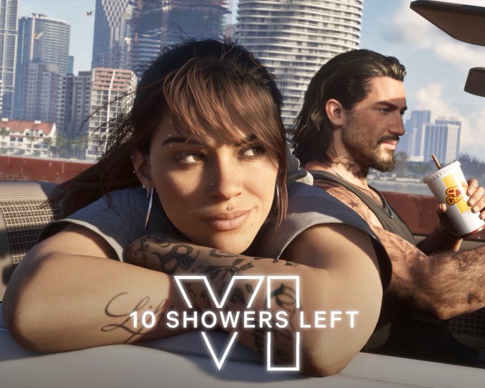 A promotional image for the video game '10 SHOWERS LEFT' featuring two characters resting on a vehicle in front of a city skyline.