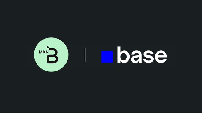 The image features a logo for a company named Base that uses a combination of black and white colors with a green circle containing the word "Base" written inside. The logo also includes a blue square positioned below the word "Base". The background color is black, which contrasts with the white text on the logo. The caption at the bottom of the image reads: "Another milestone for $BASE Welcome to the ecosystem! Great to see more local currencies moving onchain and expanding access to digital finance."