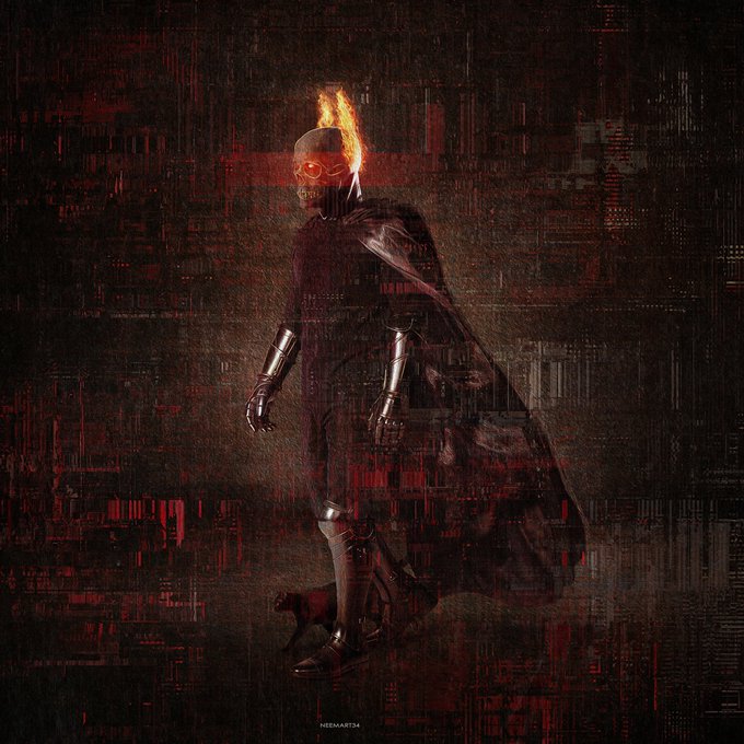 A dark, moody digital artwork features a figure in a black suit and cape wearing a flaming skull mask against a red glitchy background.