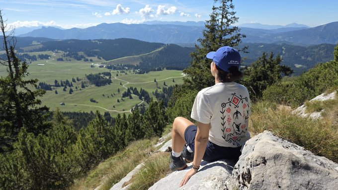 A person wearing a cap and a graphic t-shirt sits on a rocky mountain overlook, gazing out at a vast green alpine valley under a partly cloudy sky.