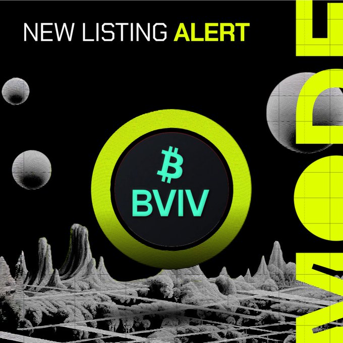 A promotional graphic featuring a glowing green circle with the Bitcoin symbol and "BVIV" ticker on a black background, topped with "NEW LISTING ALERT" text and accented by floating spheres and digital terrain—visually announcing that BVIV is now tradable on Mode Trade.