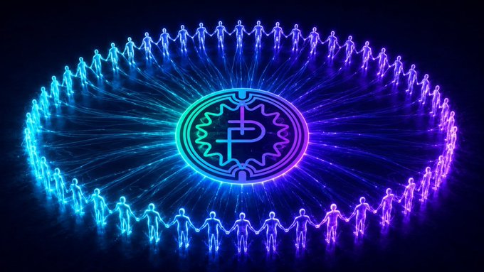 A neon-style digital illustration of human silhouettes holding hands in a circle around a glowing gear/coin logo with blue and purple light rays against a dark background.