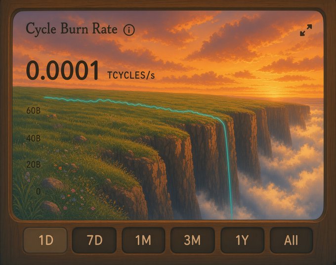 A digital dashboard displays a 'Cycle Burn Rate' of 0.0001 TCYCLES/s against a sunset landscape backdrop, with timeframe options (1D, 7D, 1M, 3M, 1Y, All) at the bottom.