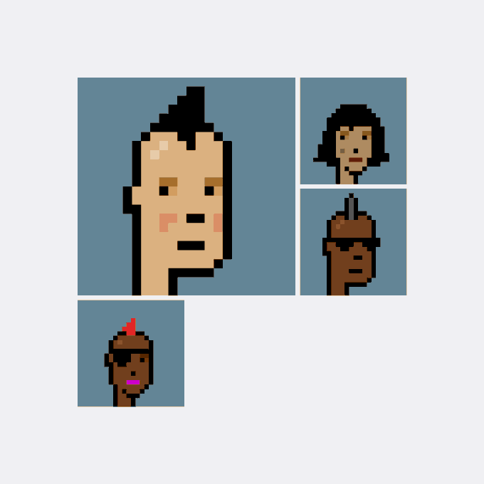 Pixel art collage featuring four stylized character portraits on a blue background, including a large pale-skinned figure with a mohawk, a dark-haired woman, a brown-skinned figure with a flame-topped head, and another brown-skinned character with a red tuft of hair.