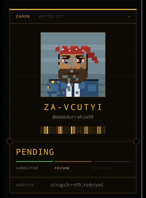 A ZADDR whitelist profile card displays a pixel art character with the username 'ZA-VCUTYI' (@mdabdurrahim98) in pending review status with a barcode and address u1cugs3rrnf0..tsdvtpw1.