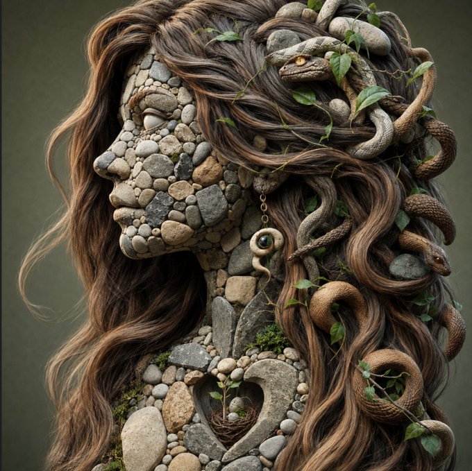A surreal artistic rendering of a female figure composed of stones and pebbles forming her face, with flowing brown hair intertwined with snakes and vines, set against a dark green background.