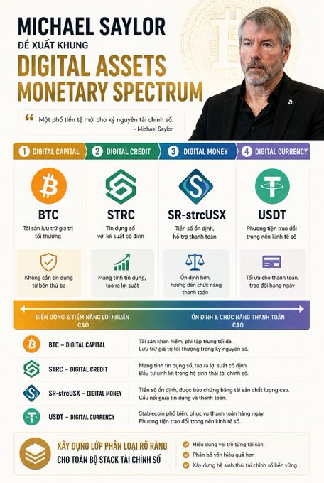 Michael Saylor 'Digital Assets Monetary Spectrum' infographic in Vietnamese, categorizing BTC, STRC, SR-strcUSX, and USDT across Digital Capital, Credit, Money, and Currency.