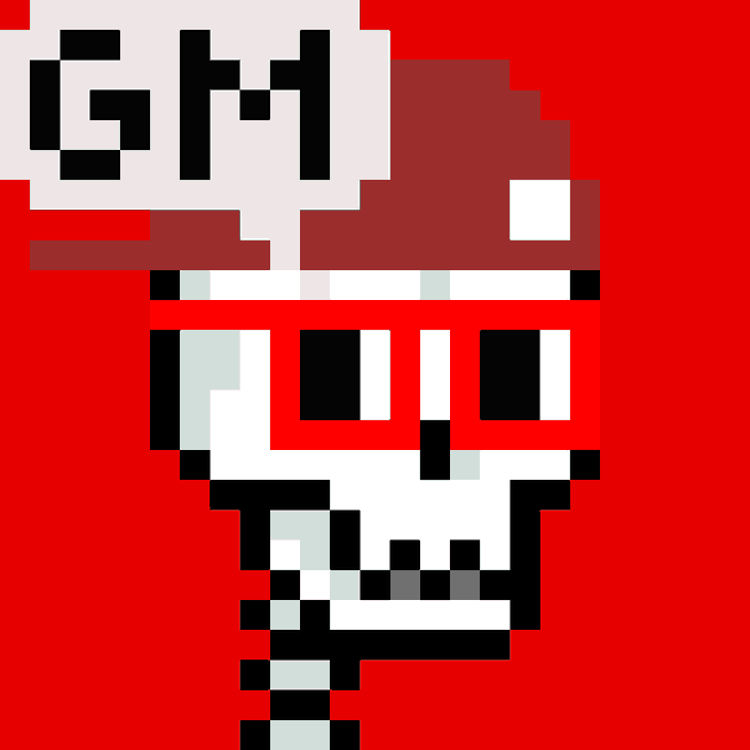 A pixel art skull with a speech bubble reading "GM" is displayed on a red background, serving as promotional artwork for a giveaway offering 10 guaranteed whitelist spots for the Robin Skulls NFT project.