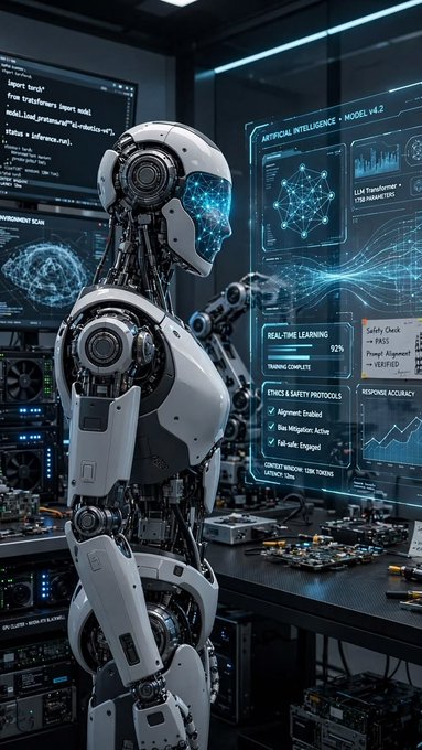 A white and metallic humanoid robot stands in a dark, futuristic lab setting, looking toward a floating holographic interface. The display shows various data graphs, neural network diagrams, and text including "ARTIFICIAL INTELLIGENCE - MODEL V4.2" and "REAL-TIME LEARNING".