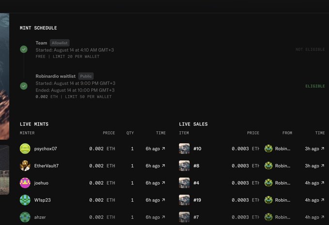 A NFT mint schedule interface showing a 'Team Allowist' phase (NOT ELIGIBLE) and a 'Robinaudio waitlist Public' phase (ELIGIBLE), with live mints at 0.002 ETH and live sales at 0.0003 ETH.