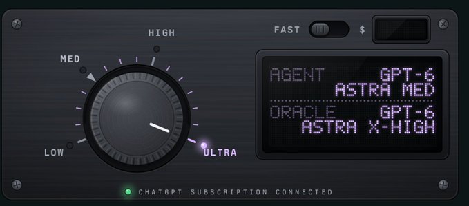 A digital interface showing a control dial set between MED and ULTRA with display reading "AGENT GPT-6 ASTRA MED, ORACLE GPT-6 ASTRA X-HIGH" and "CHATGPT SUBSCRIPTION CONNECTED."