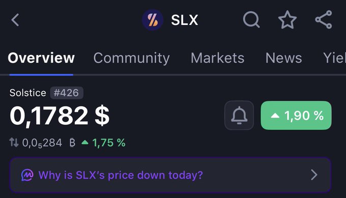 A cryptocurrency price tracking app screenshot for token SLX (Solstice #426), priced at 0.1782 USD, showing a 1.90% increase.