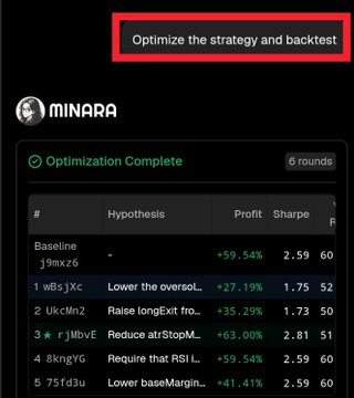 A Minara app screen shows "Optimization Complete" with a highlighted "Optimize the strategy and backtest" button at the top and a list of trading hypotheses with profit and Sharpe ratios.