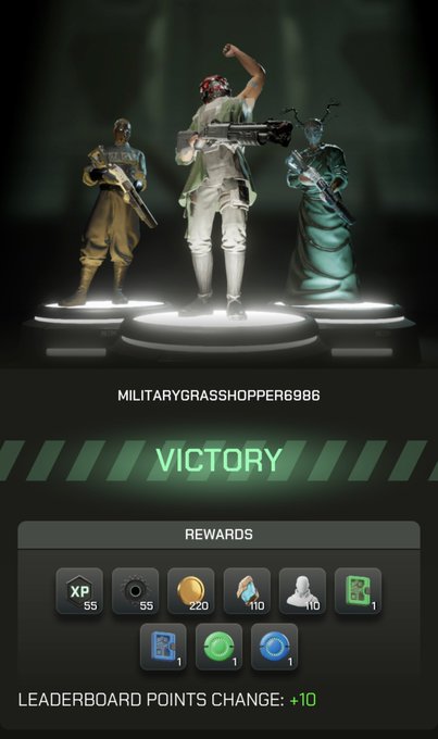 A mobile game victory screen for user 'MILITARYGRASSHOPPER6986' showing three character models on pedestals and rewards including XP 55, coins 220, and other items.