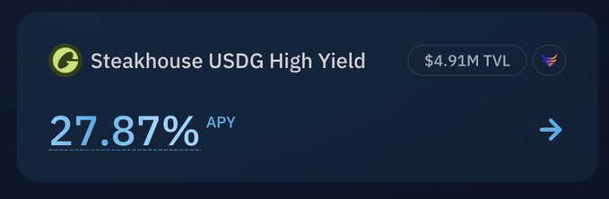 A dashboard tile for "Steakhouse USDG High Yield" displays a $4.91M TVL and a striking 27.87% APY, embodying the post's joke about impulsively chasing high yields without due diligence.