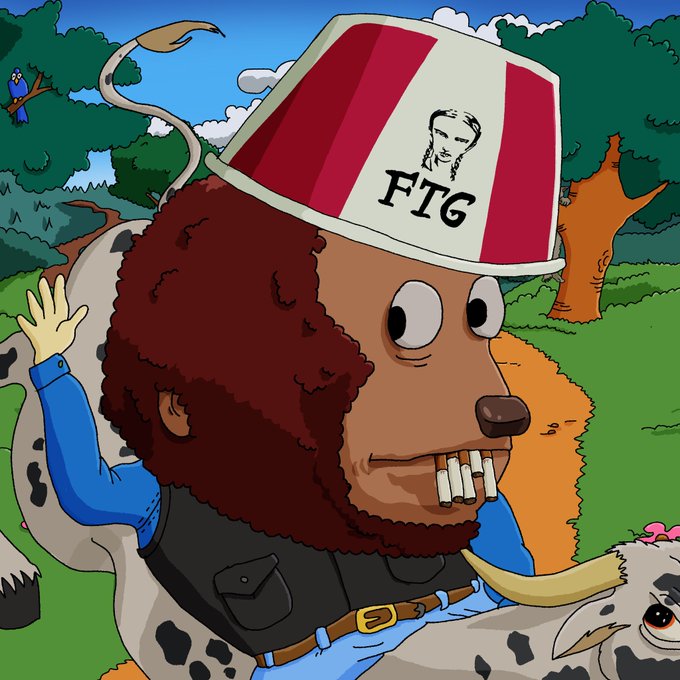 A cartoon-style NFT illustration of a brown furry character wearing a red and white striped KFC-style bucket hat labeled 'FTG', with a bird companion and nature scenery in the background.