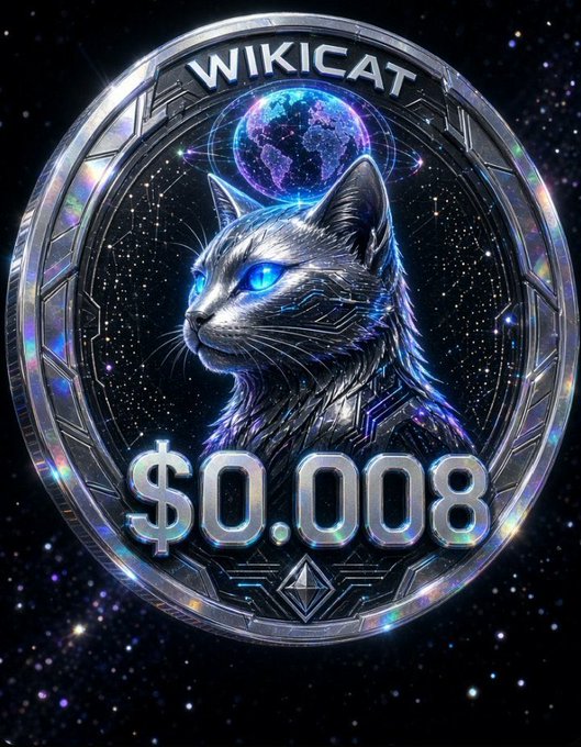 A digital illustration of a glowing cyberpunk cat with blue eyes on a coin featuring Earth and circuit board patterns, labeled 'WIKICAT' at the top and '$0.0008' in the center.