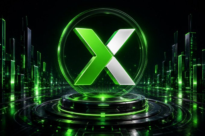 A glowing green and silver 3D 'X' logo sits in a circular frame atop a futuristic pedestal, surrounded by a neon-lit cityscape of green-illuminated skyscrapers.