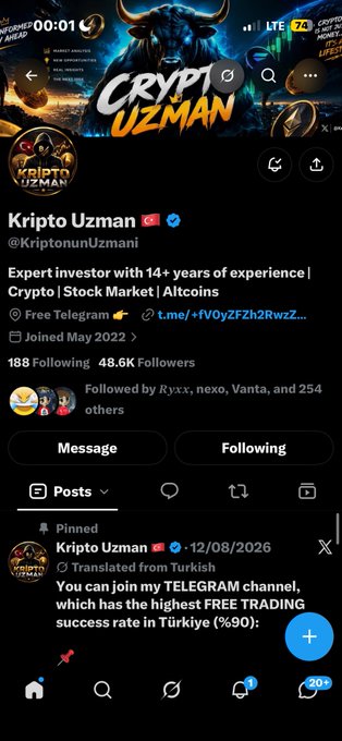 A mobile screenshot of a Twitter/X profile for 'Kripto Uzman' (@KriptonumUzmani), an account describing itself as an 'Expert investor with 14+ years of experience | Crypto | Stock Market | Altcoins,' featuring a banner with 'CRYPTO UZMAN' and 'BTC' logos.