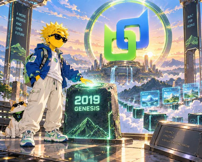 A stylized anime-style character in sunglasses stands beside a glowing "2019 GENESIS" block, with a Beldex logo emblem prominently displayed above a futuristic cityscape. Banners reading "A MORE PRIVATE AND OPEN FUTURE" and "BUILT FOR PEOPLE," along with tags like "PRIVACY FREEDOM A BRIGHTER TOMORROW," reinforce Beldex's privacy-centric branding, visually echoing the post's emphasis on Beldex expanding beyond its own products into broader privacy infrastructure.