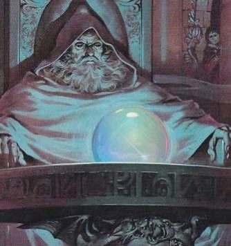 An elderly hooded wizard peers intently over a glowing blue crystal ball in this fantasy illustration, with ornate runic designs visible on the surrounding altar. The mystical scene visually evokes the "GM CT" (Game Master Creative Thinking) reference, suggesting the strategic foresight and imaginative planning akin to a tabletop RPG dungeon master.