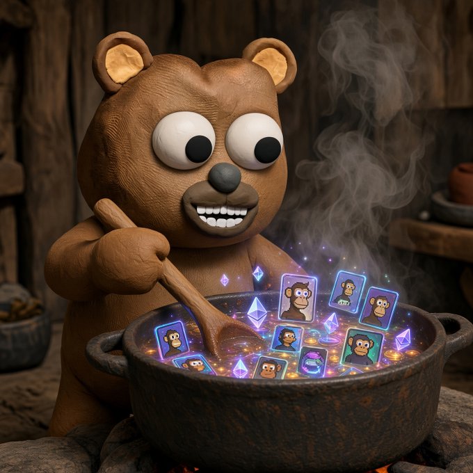 A claymation-style brown bear with large googly eyes stirs a steaming cauldron containing colorful NFT character cards and glowing purple crystals in a rustic wooden setting.