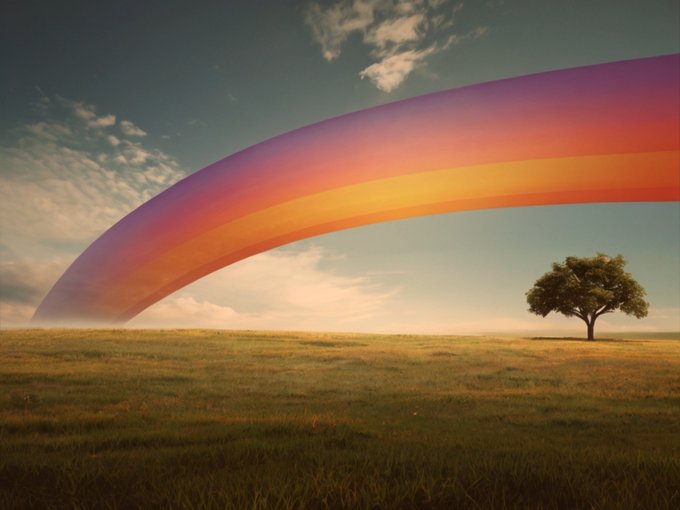 A vibrant, colorful rainbow arches across a cloudy sky over a vast grassy field, with a lone tree standing on the right side.