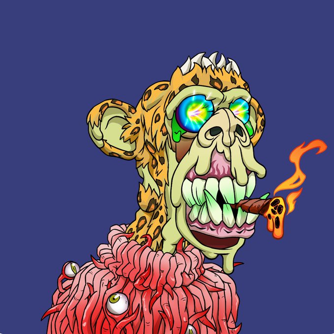 The image features a cartoon monkey with a face painted on its head, wearing a pink shirt and holding a pizza slice in one hand while smoking a cigarette with the other. The background of the image is blue, which contrasts with the monkey's colorful attire. The caption "Gm frens New week. Time to show up. Have a Happy Mutant Monday" suggests that this image might be related to a social media post or event promoting a new week and encouraging people to have fun and enjoy themselves.