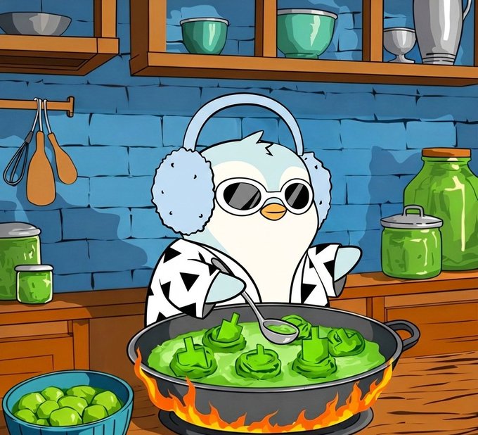 A cartoon illustration of a white bird wearing sunglasses and a black-and-white jacket, cooking green peppers in a flaming pan in a kitchen setting.