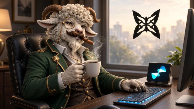 A digital artwork featuring an anthropomorphic sheep/ram character with horns, a mustache, and monocle wearing a green suit while holding a coffee cup and using a glowing gaming keyboard at a desk, with a butterfly logo displayed.