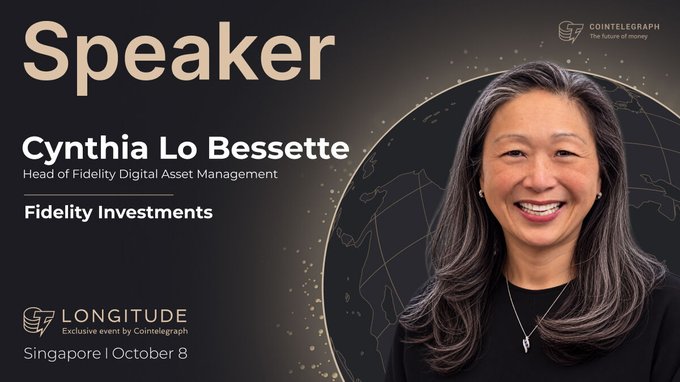 A Cointelegraph speaker announcement graphic features Cynthia Lo Bessette, Head of Fidelity Digital Asset Management at Fidelity Investments, pictured against a globe background, promoting her appearance at LONGITUDE Singapore on October 8.