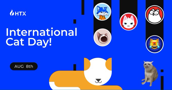 HTX celebrates International Cat Day on AUG 8th with a blue graphic featuring cartoon cats and cat-themed crypto coin icons, playfully tied to the post's invitation for users to share their favorite cat coins or real-life cats.