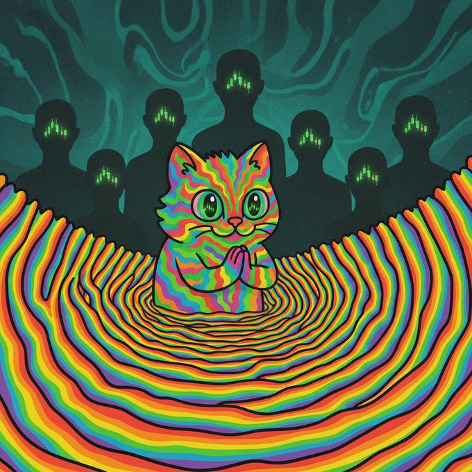 A colorful psychedelic illustration shows a rainbow-patterned cat in prayer pose surrounded by shadowy figures with glowing green eyes.