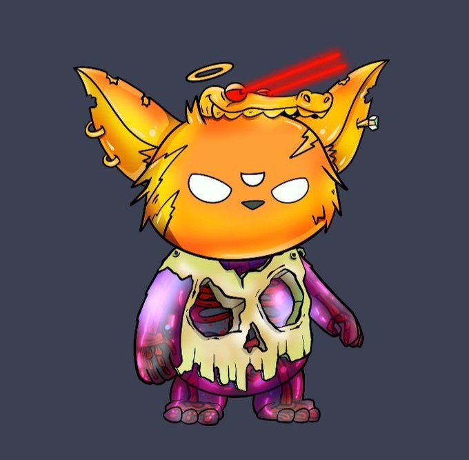 A cartoon illustration of an orange cat-like creature with wings, a halo, laser eyes, and a skull-patterned body against a gray background.