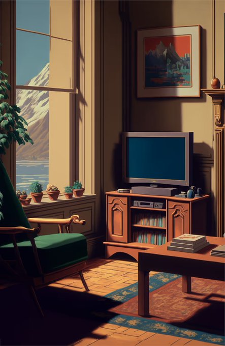 A stylized illustration of a cozy living room with a green armchair, a vintage TV on a wooden cabinet, a window overlooking snowy mountains, and a framed picture on the wall.