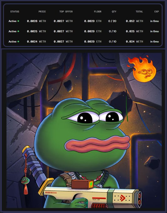 The image features a cartoon frog with a gun, possibly an E3, standing next to a building. The frog appears to be holding the gun in its hand while looking at the camera. There are also some text elements in the image that read "Do not fear #Pepe frens the Pepe E3 gun will come in useful against the alien monsters i Locked in some new support level (for 6mo) to strengthen our defence stick to the plan pepes & dca the dip". The main focus of the image is on the frog holding the gun, while the text elements provide additional context and information about the scene.
