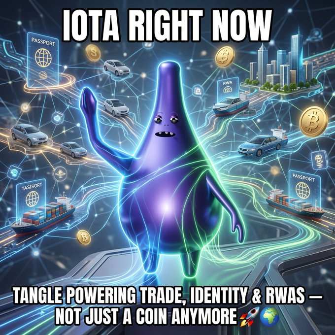 AI-generated promotional graphic for IOTA cryptocurrency with text 'IOTA RIGHT NOW - TANGLE POWERING TRADE, IDENTITY & RWAS — NOT JUST A COIN ANYMORE', featuring a purple blob character amid cars, ships, passports and Bitcoin imagery.