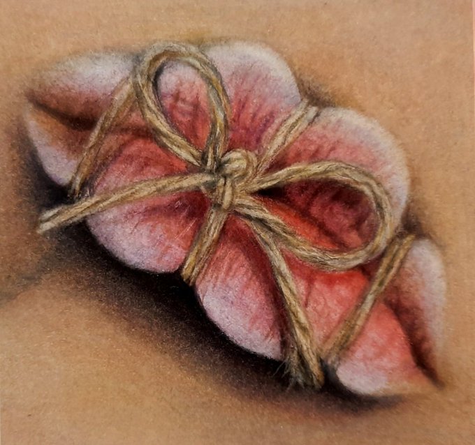 A colored pencil drawing on cardboard depicting a bound, heart-shaped object wrapped in twine, symbolizing silenced emotion through visual restraint. The muted reds and earth tones convey vulnerability and quiet pain, aligning with the caption's theme that silence can communicate what words cannot.