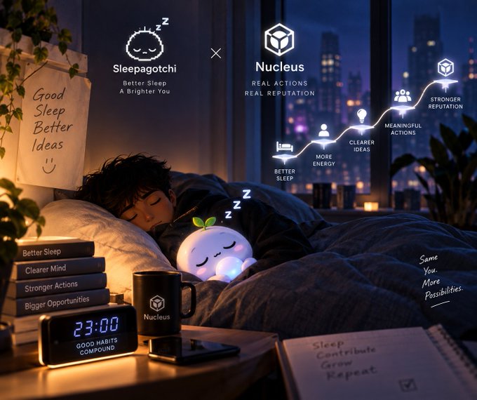 A child rests peacefully in bed with a glowing Sleepagotchi nightlight beside them, while a curve diagram illustrates how quality sleep flows into "More Energy," "Clearer Ideas," and "Meaningful Actions," ultimately strengthening reputation on Nucleus. Text on a notebook reads "Good Sleep Better Ideas" and "Sleep Contribute Grow Repeat," visually reinforcing the post's message that Web3 reputation should also be built through offline restful habits—not just visible online actions.