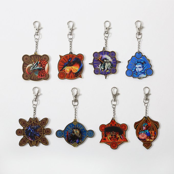 Eight acrylic keychains featuring fantasy character portraits and creature designs in various geometric shapes are displayed in two rows, each attached to silver lobster clasp chains. The post expressing financial exhaustion reflects the temptation of adding these colorful, collectible accessories to one's purchases.