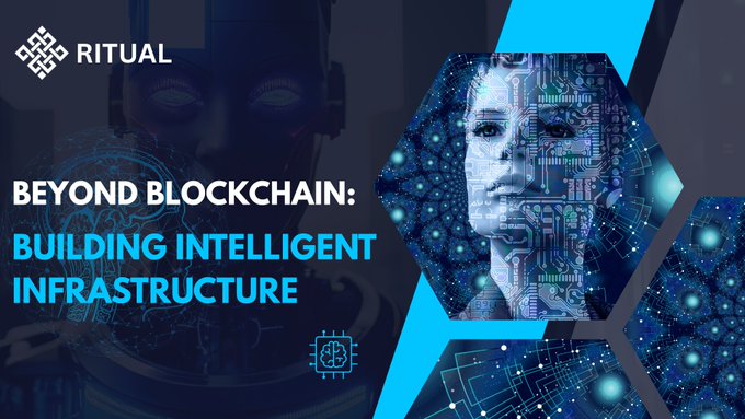 Ritual branded banner reading 'BEYOND BLOCKCHAIN: BUILDING INTELLIGENT INFRASTRUCTURE' featuring a stylized AI face made of circuit board patterns beside a robotic figure.