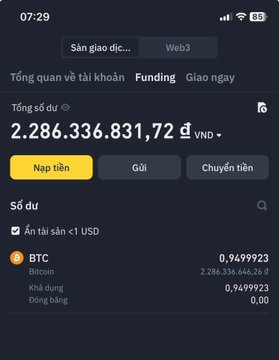 The image shows a Binance app screenshot displaying a total account balance of 2,286,336,831.72 VND, holding 0.9499923 BTC worth 2,286,336,646.26đ. This relates to the post about a 24-year-old IT worker's crypto portfolio, whose BTC holdings have grown to over 8 billion VND.